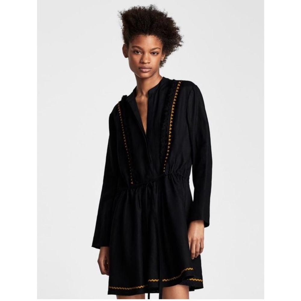 Zara Woman Black 100% Linen Long Sleeve Mini Dress Size XS